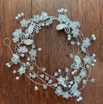 Perle/Krystalbånd med blomster, blade og sten til håropsætning - sølv, lang